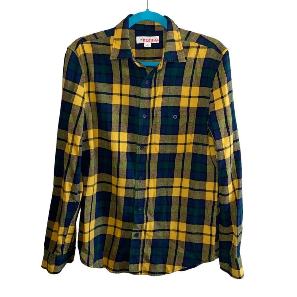 Aeropostale Plaid Flannel Shirt‎ XS Yellow Blue Button Front Long Sleeve